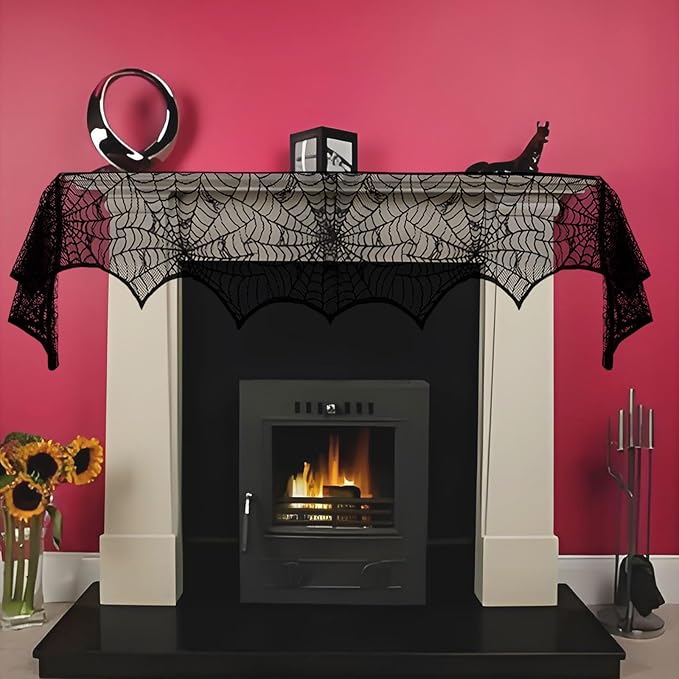 Halloween Mantle Scarf - 96x18.1 inch Spider Web Fireplace Decor - Spider Web Mantel Scarf for Cobwebs Halloween Decorations - Halloweens Indoor Decorations