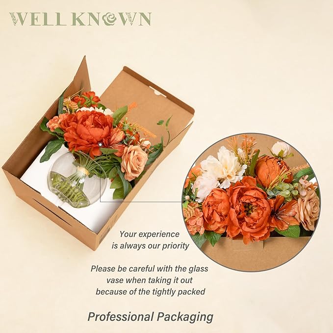 Artificial Flowers in Vase, WELL KNOWN Silk Rose Peony Flower Bouquet Table Centerpieces with Faux Water for Fall Home, Fake Flower Arrangement for Seasonal Party Decor (Burnt Orange & Champagne Plus)