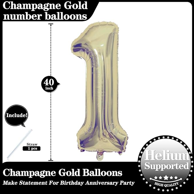 Champagne Gold 1 Number Balloons, 40 Inch Giant Number 1 Balloons Foil Mylar Helium Light Gold Number Balloons for 1th Birthday Party Supplies Anniversary Event Celebration Decorations