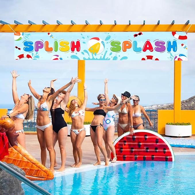 Pool Party Splish Splash Banner, Summer Pool Splish Splash Theme Outdoor Hanging Yard Sign Decor, Splish Splash Party Baby Shower Holiday Supplies (Splish Splash)