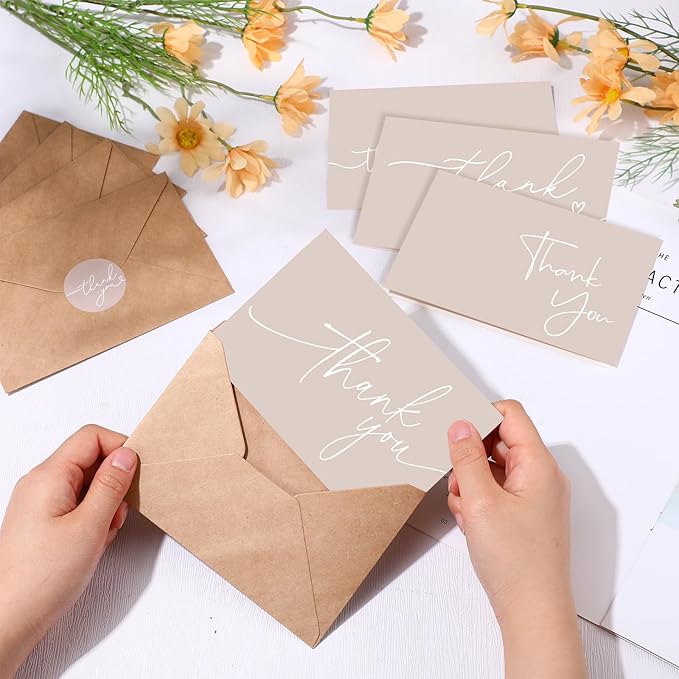 Teling 200 Set Thank You Cards with Envelopes Bulk, 6 x 4 Inch Blank Thank U Greeting Notes with Brown Kraft Envelopes Stickers Thankyou Card Set for Graduation Wedding Birthday Baby Shower (Khaki)
