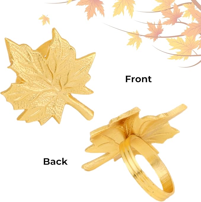 Set of 12 Maple Leaf Napkin Rings - Handcrafted Aluminum Napkin Holders for Cloth & Paper Napkins, Elegant Table Décor for Wedding Receptions Thanksgiving Christmas Holiday Parties (Gold) CLEENTABLE
