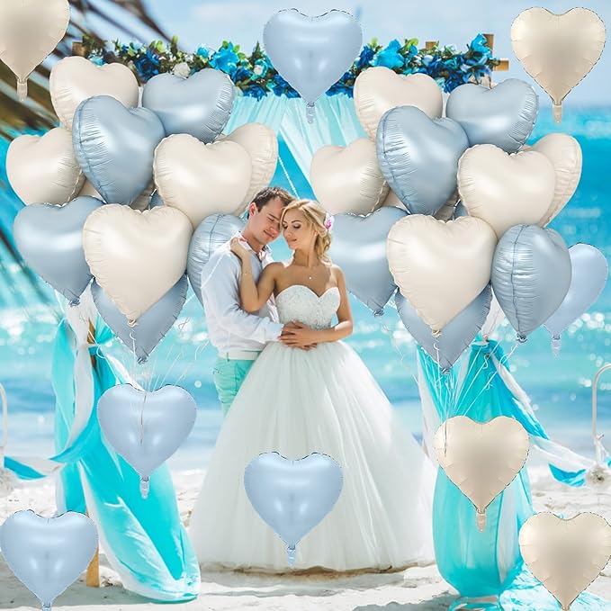 Blue White Heart Balloons, 18 Inch Baby Blue Cream Foil Heart Balloons, 10PCS Light Blue Nude Heart Shape Balloons Blue Helium Mylar Balloons for Boys Men Birthday Baby Shower Valentines Graduation