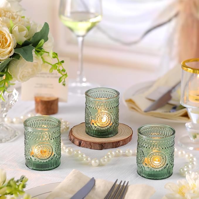 12pcs Green Votive Candle Holders,Glass Tea Lights Candle Holder Bulk for Birthday Parties, Weddings, Table Decorations, Candlelight Dinners