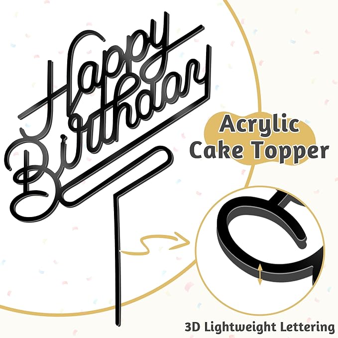 1 PCS Black Happy Birthday Cake Topper, 4.9 x 6.7 Inches Classic Birthday Cake Toppers, Acrylic Happy Birthday Cake Sign, Anniversary Cake Decorations for Party Supplies and Photo Booth Props