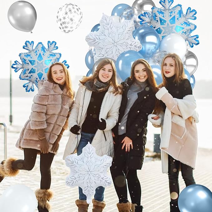 Blue Snowflake Balloons,12 Inch Blue Silver White Clear Balloons with Snowflake and Foil Balloon for Winter Wonderland Holiday Birthday Baby Shower Snow Christmas Party Decorations