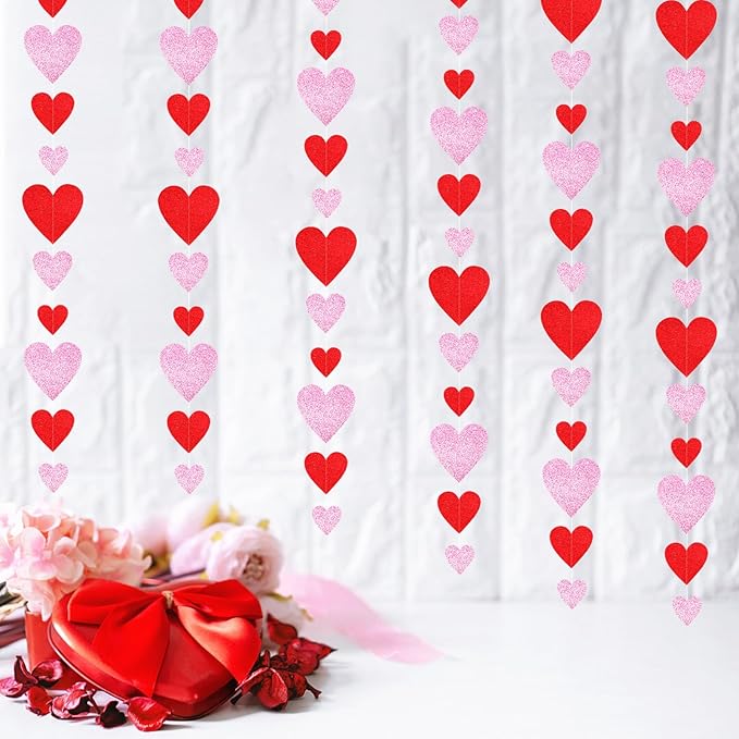 Galentines Party-Decorations Heart Garland - 6pcs Glitter Pink Red Love Hanging Streamers,Romantic Special Night Baby Shower Wedding Anniversary Ceiling Banner Backdrop Decor Burgleda