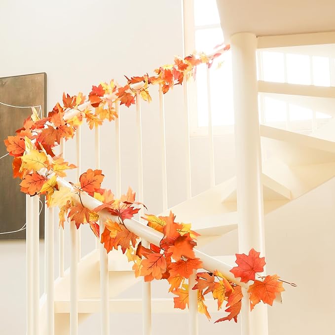 Joyhalo 6 Pack Fall Garland, Autumn Leaves Garland for Mantle Indoor Outdoor Fall Decor,Hanging Maple Leaf Foliage Vines for Fireplace, Front Door, Porch and Thanksgiving Decor