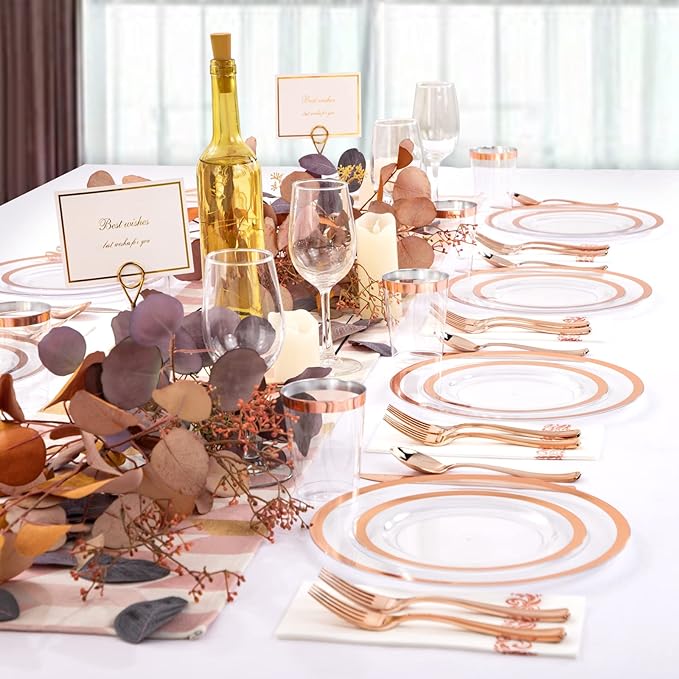 YOUBET 175PCS Rose Gold Plastic Plates - Clear Plastic Plates Disposable with Rose Gold Rim includes 50 Rose gold plates, 25Forks, 25Knives, 25Spoons, 25Cups, 25Napkins for Party & Wedding