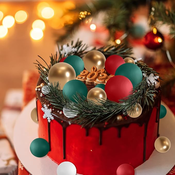 ASTARON 32 Pcs Ball Cake Topper Christmas Decorations Mini Balloons Sticks Foam Balls Cake Picks Cake Topper Balls Cake Decorations for Christmas Birthday Cake (Red Green Gold)