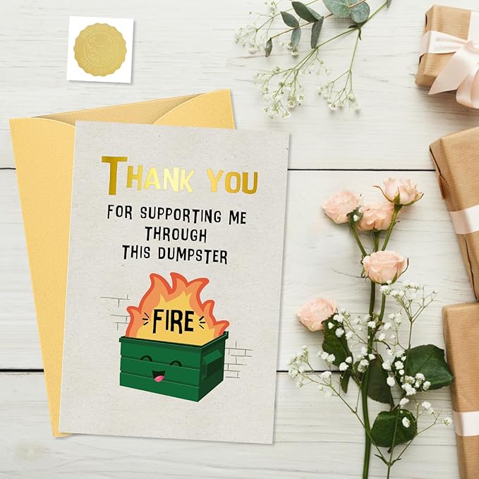 Coworker Leaving Card - Dumpster Fire Design Humorous Gratitude Funny Thank You Card for Friends, Farewell, or Just Because Gift (5.5x8 Inch, Gold Foil, Envelope Included)