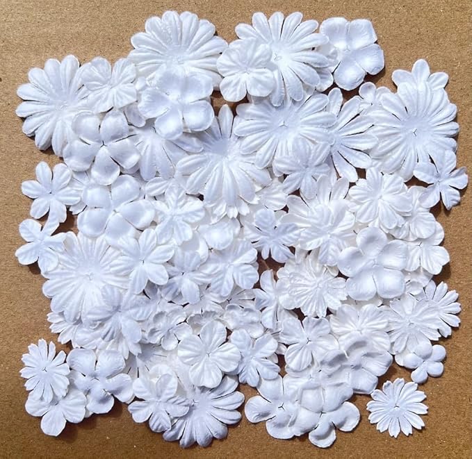 100 Pcs Handmade Mulberry Paper Flowers 3 mm - 1.5 Inch Scrapbooking Wedding DIY Craft Supplies Card. (Mixed White Flowers)