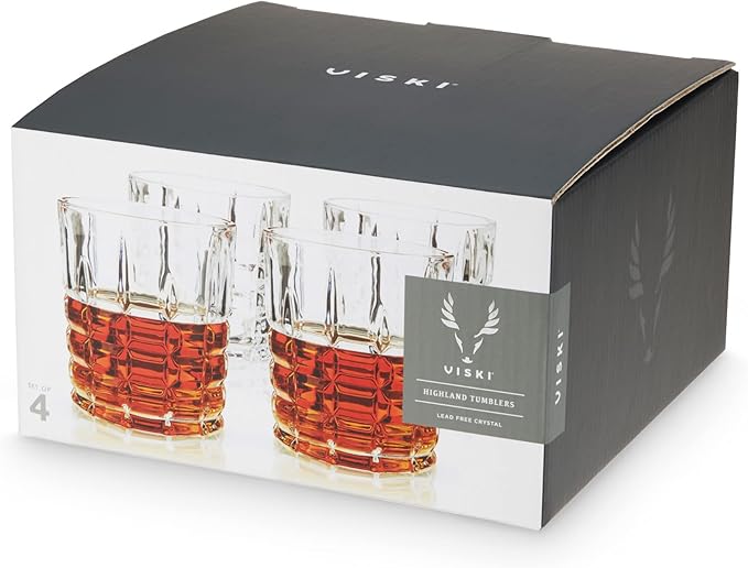 Viski Highland Crystal Whiskey Glasses, Elegant Drinking Glasses for Bourbon, Scotch, Cocktails, and Neat Spirits, Lowball Tumblers Perfect for Hosting, Housewarming Party, Home Bars, 10 oz, Set of 4