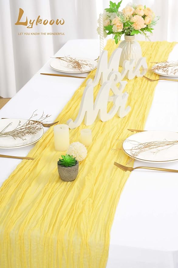 10 Packs Cheesecloth Table Baby Yellow, 10Ft x 35" Light Yellow Rustic Gauze Boho Wedding Table Runner Decoration, Wedding Table Decor Table Cloth for Wedding Party Bridal Shower Table