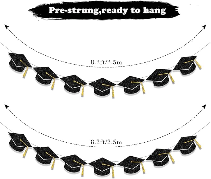 Graduation Decorations Class of 2025 Party Supplies - Graduation Grad Caps Banner (Pre-Strung)