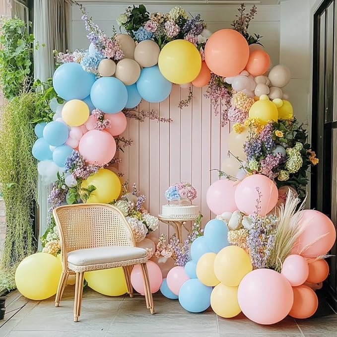 Yellow Blue Pink Balloon Garland Double Stuffed Pastel Pink Blue Yellow Peach Sand White Balloon Arch Kit for Baby Bridal Shower Birthday Wedding Bee Bear Flower Tea Party Decor