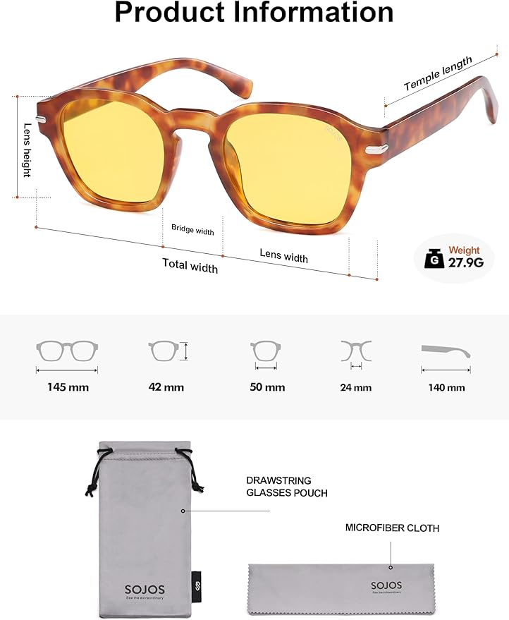SOJOS Vintage Retro Square Polarized Sunglasses Men Standard Fit Trendy Womens Sun Glasses SJ2382