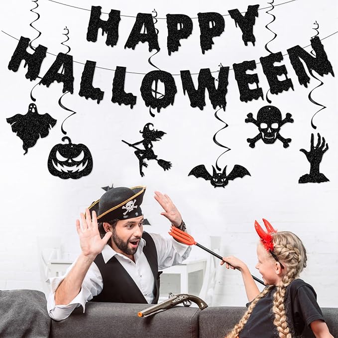 Halloween Vintage-Ghost Black Party-Decorations Supplies - 11pcs Happy Banner,Outdoor Bat Witch Streamers Garland,Spooky Home Hanging Swirl,Indoor Haunted Mansion Room Wall Backdrop Decor Burgleda