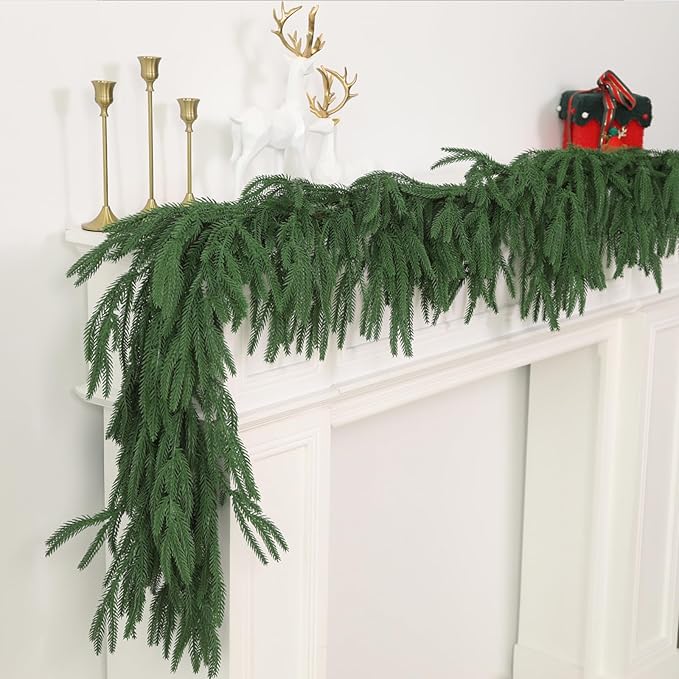 2 PCS 6FT Norfolk Pine Garland Realistic - 72" Thick Deluxe Faux Christmas Greenery Garland Artificial Green Winter Pine Garlands for Mantle Staircase Table Indoor Outdoor Holiday Decoration