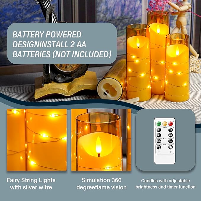 Flameless Candles with Embedded Star String, Battery Operated LED Pillar Candles with Timer and Remote Control,Home Decorating for Ambiance, Set of 9 (Gold)