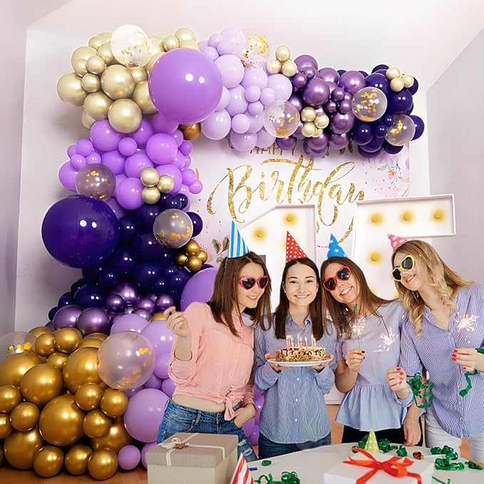 Purple and Gold Balloons Arch Kit, 166Pcs Dark Purple Metallic Lavender Lilac Violet Gold Chrome Balloons for Baby Shower Girl Princess Party Wedding Decorations