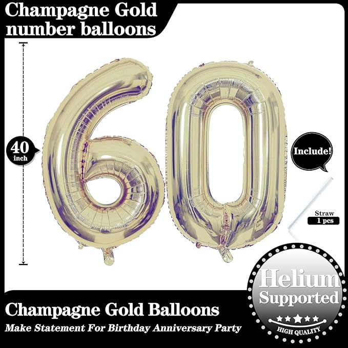 Champagne Gold 60 Number Balloons, 40 Inch Giant Number 60 Balloons Foil Mylar Helium Light Gold Number Balloons for 60th Birthday Party Supplies Anniversary Event Celebration Decorations