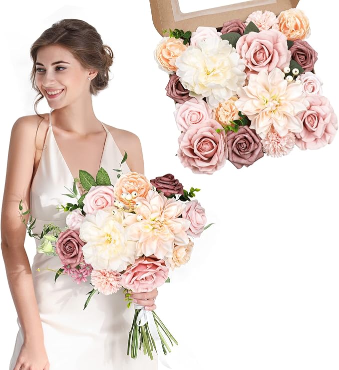 AmyHomie Blush Champagne Artificial Flowers Combo Silk Mix Peony Rose Fake Flowers w/Stem for DIY Wedding Bouquets Centerpieces Arrangements Table Fall Decor Party Bridal Baby Shower Home Decorations