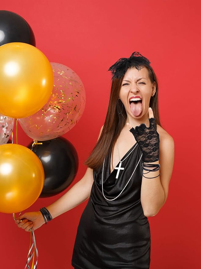 Blulu 80s Fancy Dress Costume Accessories Lace Headband Earrings Fishnet Gloves Necklace Bracelet for 80s Retro Party (Black)