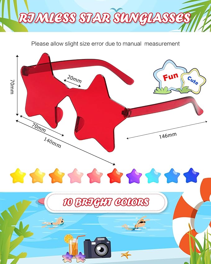 20 Pairs Rimless Star Sunglasses Bulk Transparent Candy Color Star Glasses for Women Men Party Favors