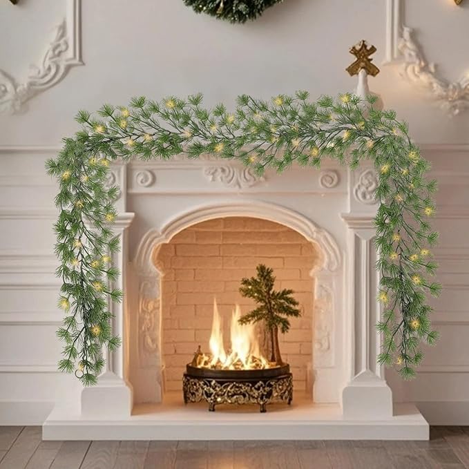 6FT Lighted Cedar Pine Garland with Timer, Battery Operated Christmas Garland with Greenery Pine Needles for Indoor Outdoor Holiday Office Home