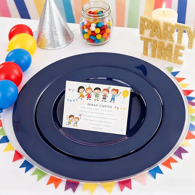 MENDENG 50PCS Blue Plastic Plates for Party, 25x10.25 Dinner Plates & 25x7.5 Dessert Plates, Heavy Duty Disposable Plastic Plates for Wedding Party Hanukkah