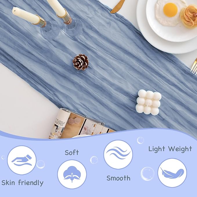 10 Pack Dusty Blue Table Runner 120 Inch Cheesecloth Table Runner 10FT Boho Gauze Table Runner Long Cheese Cloth Table Runner Semi Sheer Runners for Wedding Bridal Baby Shower Party