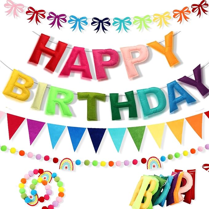 Happy Birthday Banner Set- Pre Strung Reusable Felt 3D Happy Birth Day Sign Banner, Pompom Garland, Bunting Flags and Bow Garland for Birthday Party Decorations for Women Men Boys Girls