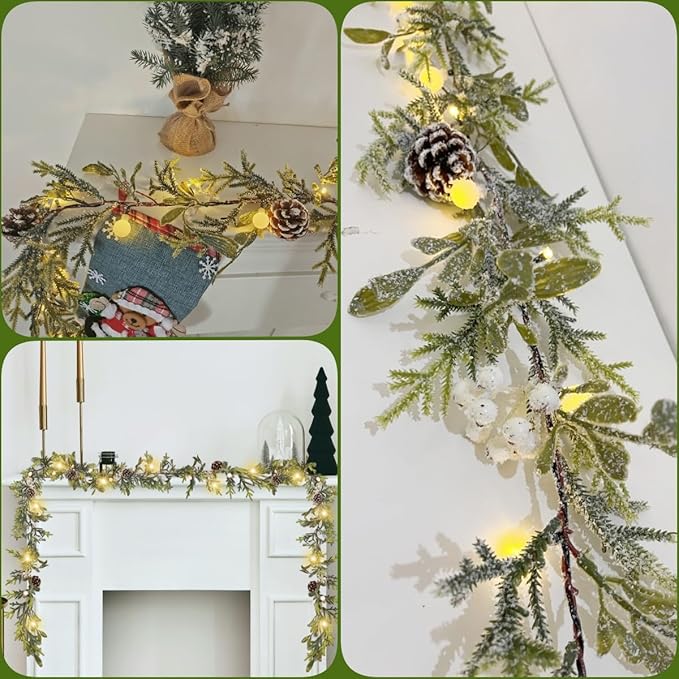 6FT Snowy Garland Christmas, Pre-lit Garland with 20 LED Lights, Pine Cones, White Berry&Ball, Battery Operated with Timer, Indoor Christmas Decoration for Holiday New Year