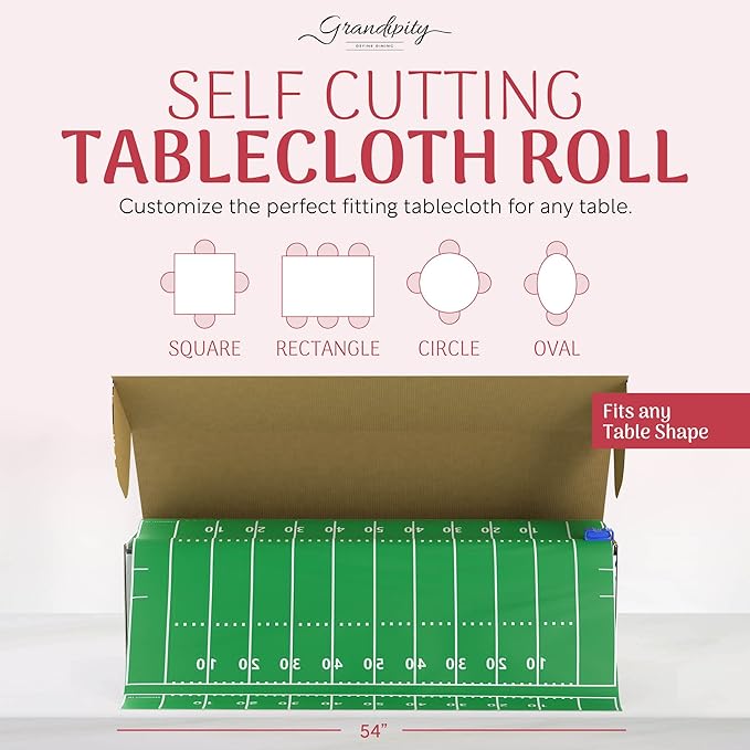 Grandipity Plastic Tablecloth Roll - 54in x 100 Ft. Football Table Cloths for Parties with Cutter Box 100 Ft., Cut to Size Football Field Table Cover, Superbowl Tablecloth Rectangle