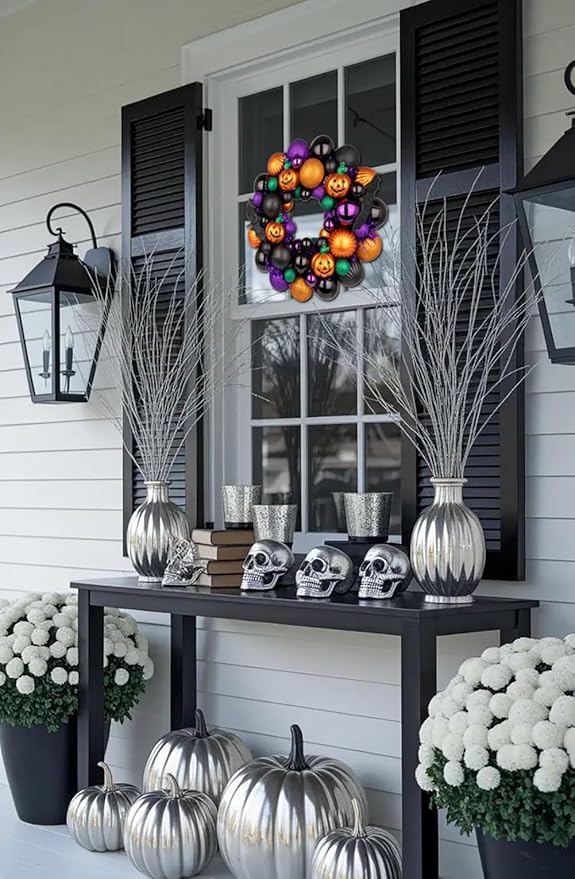 Halloween Wreath for Front Door, 13 inch Small Halloween Ball Wreath with Pumpkins Bats Shatterproof Front Door Wreaths Orange/Purple/Black Ball Ornament for Wall Mantel Porch Indoor Outdoor Decor