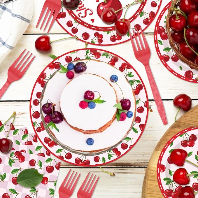 96 Pcs Cherry Birthday Decoration Disposable Tableware Set - She's the Cherry On Top Paper Plates Napkins Forks Fruit Cherry Theme Birthday Baby Shower Party Supplies for Serve 24 Guests