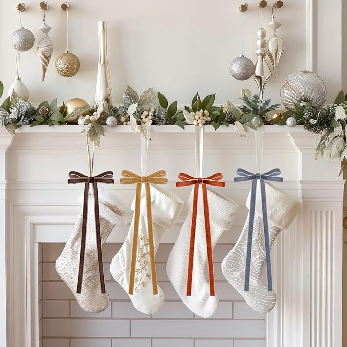 Chuangdi 80 Yards Christmas Velvet Ribbon, 4 Rolls 3/8" Vintage Thin Ribbon for Xmas Gift Wrapping Christmas Tree Wreath Ornaments DIY Crafts Decoration, Red, Brown, Khaki, Blue