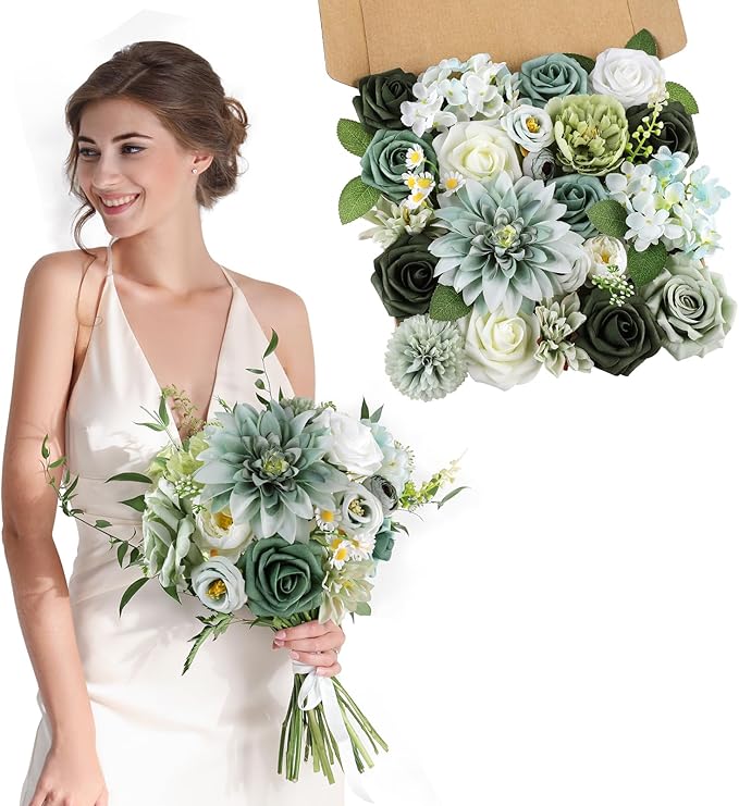 AmyHomie Forest Sage Green White Artificial Flowers Combo Silk Rose Fake Flowers w/Stem for DIY Wedding Bouquets Centerpieces Arrangements Table Fall Decor Party Bridal Baby Shower Home Decorations