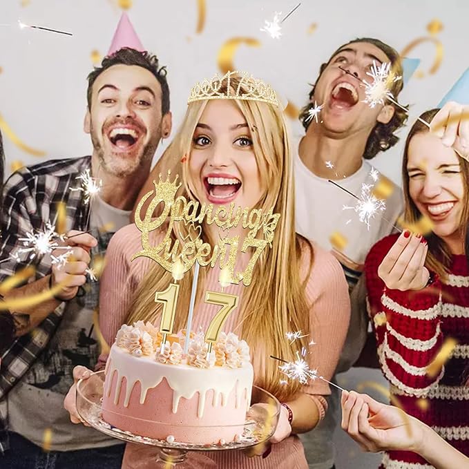 Dancing Queen Party Decorations 17 with Gold Dancing Queen Sash and Tiara, Cake Topper and Candles, Number Balloons Gold for 17th Birthday Decorations for Girls