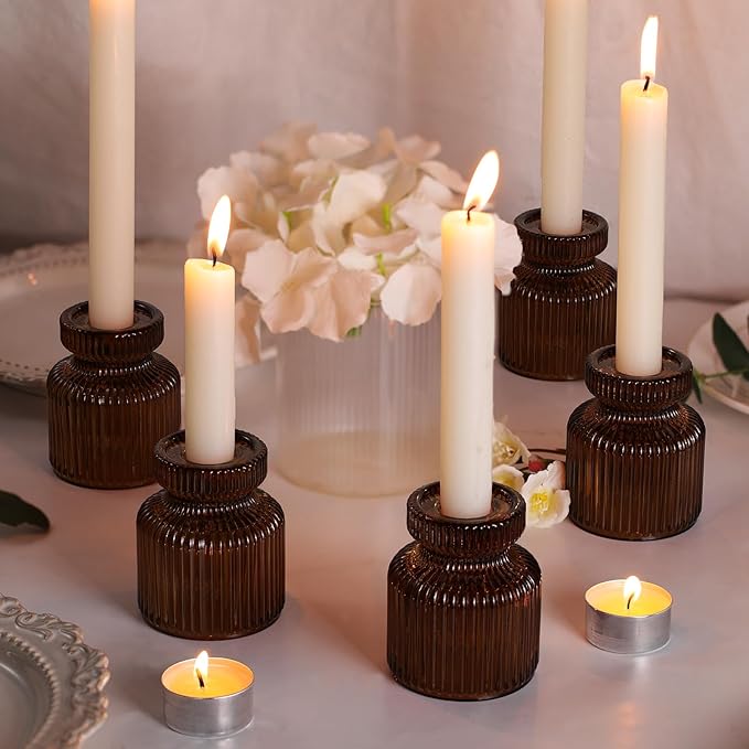 DARJEN 6 Pcs Amber Candlestick Holders - Glass Taper Candle Holders Tealight Votive Candle Holders for Table Centerpieces, Wedding, Dinner Party, Home, Gifts