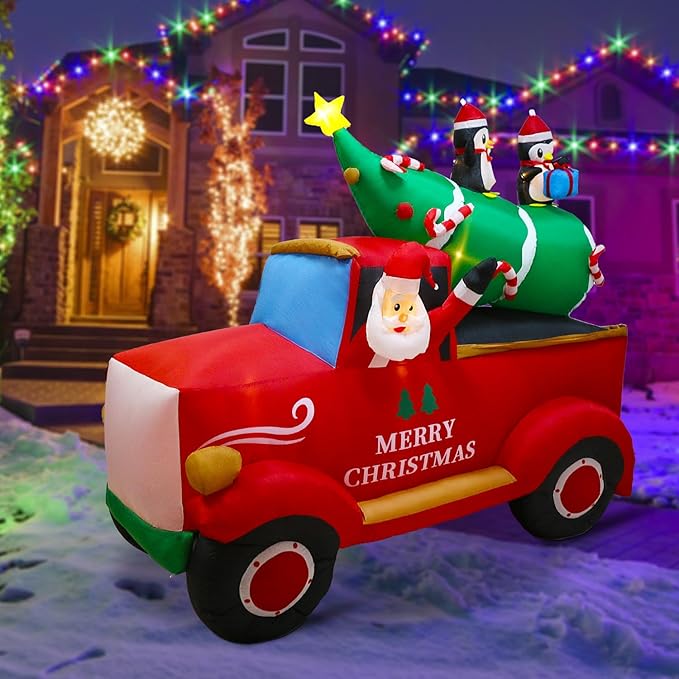 8 FT Christmas Inflatables Decorations Outdoor,Santa Christmas Tree Delivery Truck and Penguin with Built-in LED Lights for Indoor Holiday Party Yard Garden Lawn Décor