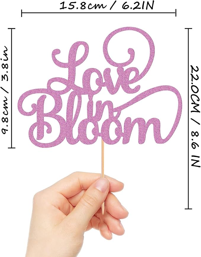 Love in Bloom Cake Topper - Glitter Purple Bridal Shower Cake Decoration, Wedding & Engagement Cake Pick (Purple)