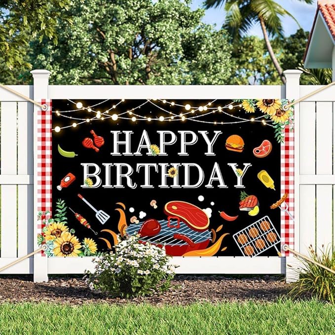 8x6ft BBQ Birthday Party Decorations Large BBQ Happy Birthday Banner Red and White Gingham Picnic Banner Backdrop for BBQ Birthday Barbecue Party Supplies Yard Outdoor
