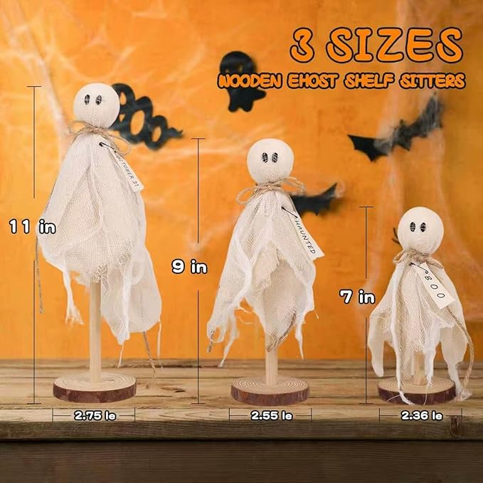 3 Set of Primitive Ghosts on Wooden Stand Halloween Decorations Indoor for Table Centerpieces Tiered Trays Shelves Mantels Home Halloween Décor