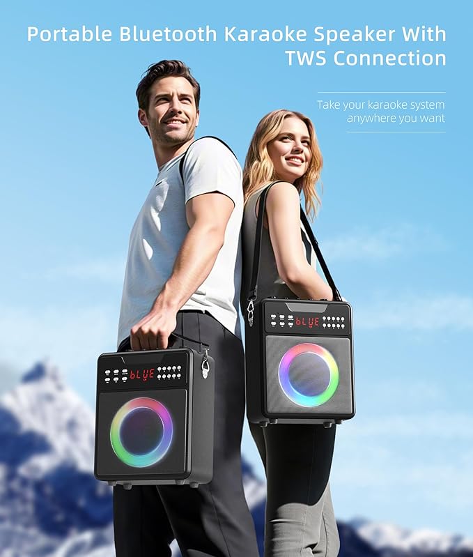 Karaoke Machine for Adults, Portable Bluetooth Speaker with 2 Wireless Microphones and Lights Show, Karaoke Speaker with Bass & Treble, Supports for TWS,USB,FM,REC,AUX in,TF Card for Party/Meeting