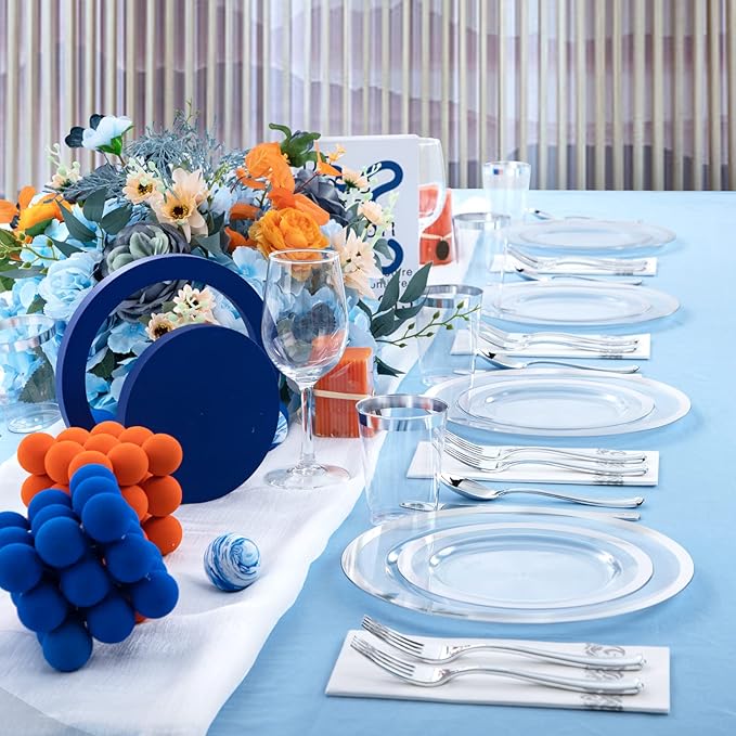 YOUBET 175PCS Clear Plastic Plates with Silver Rim include -Disposable Silver Plstic Plates Includes 50 Silvery Plastic Plate, 25Forks, 25Knives, 25Spoons, 25Cups, 25Napkins for Wedding & Party