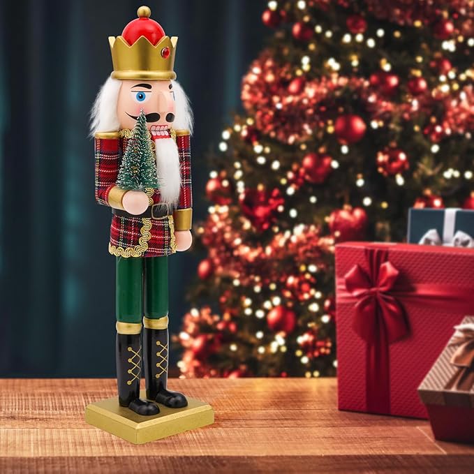 14" Wooden Christmas Tree Nutcracker, Festive Christmas Decoration, Handcrafted Nutcracker Collectible Christmas Decor for Tabletop, Shelves, and Fireplace Mantel(Christmas Tree)