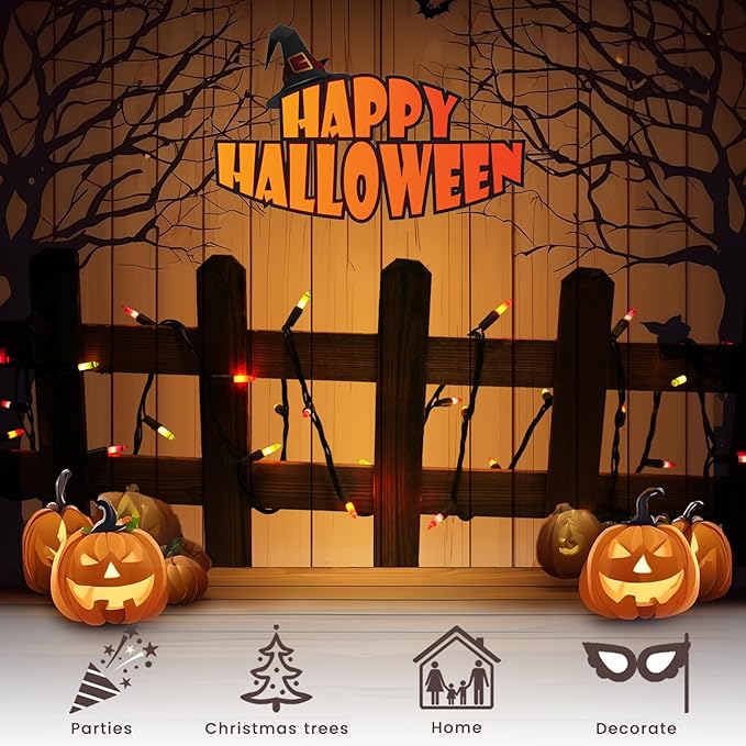 Halloween Purple Orange & Green String Lights – 100 Count Mini Incandescent, 26.5ft Black Wire, UL Listed, Connectable up to 125ft, Spooky Christmas Lights for Indoor & Outdoor Decor