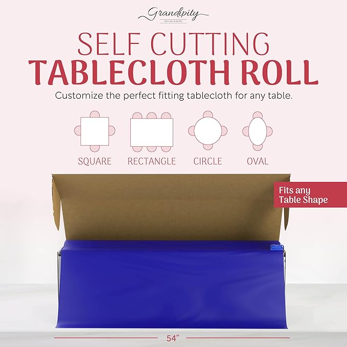 Grandipity Blue Plastic Tablecloth Roll, 54x100’ Rectangular, Disposable with Cutter Box, for Parties & Events